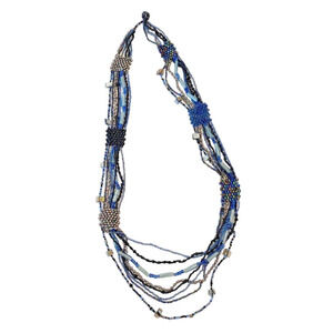 Artisan Beaded Multi Strand Necklace Shades of Blue Boho Long Unique OOAK 32"